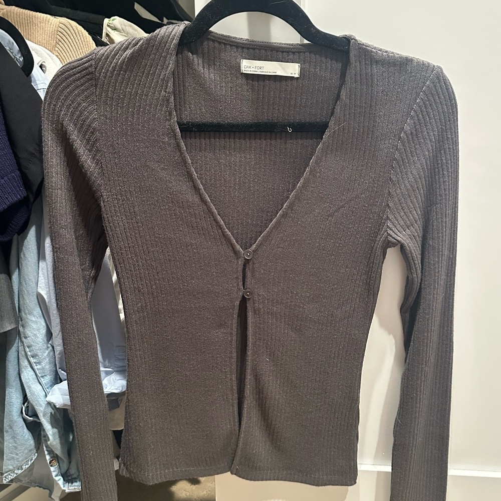 Gray Ribbed Long Sleeve Cardigan